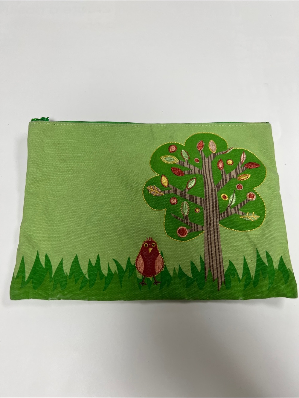 Barnes & Noble Bright Green with Colorful Bird &Tree Design Canvas Pencil Case